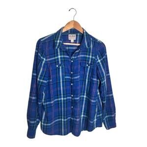 Old Navy Button Up Size Large Blue Plaid Green Pink Soft Lightweight Casual